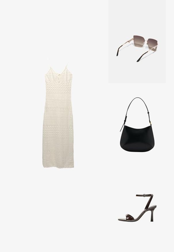 Bílá maxi šaty z háčkování s tenkými nastavovacími ramínky, zdobené složitým vzorem diamantů a linií po celé tkanině.; Hnědé lakované kožené sandály na vysokém podpatku s páskem kolem kotníku, otevřenou špičkou a elegantním, minimalistickým designem. Obsahují čtvercový podpatek.; Sluneční brýle s rámem v růžovo-zlaté metalické barvě, úhlovými skly s přechodem od tmavě hnědé po světlou hnědou a želvovinovým vzorem na stranicích.; Černá kožená taška přes rameno s hladkým povrchem, zakřiveným tvarem a nastavitelným uchem. Má minimální prošívání a jednoduchý design.