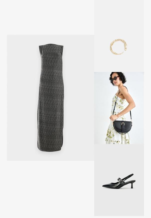 Ilma varrukat pikk kleit hallist kangast, millel on tekstuuriline muster ja külgslit. Sirge lõige, millel on õrn sära, on loodud voolujoonelise silueti saavutamiseks.; Mustad patenteeritud nahast sildiga kontsad, millel on terav nina ja väike plokk-konts, mille rihmal on hõbedane pandla aksessuaar.; Mustmust mustraha kõverate joontega, eemaldatava rihmaga ja kuldsete detailidega. Kotil on klapp, millel on pandladetail.; Kuldtoonis sõrmus, millel on orgaaniline, keerdunud disain sileda tekstuuri ja kitsenevate otstega, luues kaasaegse skulptuurilise välimuse.