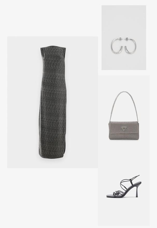 Ilma varrukat pikk kleit hallist kangast, millel on tekstuuriline muster ja külgslit. Sirge lõige, millel on õrn sära, on loodud voolujoonelise silueti saavutamiseks.; Mustad musta värvi kontsandaalid on varustatud peente rihmadega, millel on sõlmekujundus, siledad ruudukujulised varbad ja stiilne stilettokonts.; Helehall metallik handbags, millel on kett, kaunistatud väikeste ümmarguste metallist õmblustega ja kolmnurkse brändi logoga.; Hõbedast rõngaskõrvarõngad sileda ja läikiva pinnaga, kõveriku kujuga ning postitaksega sulgur. Minimalistlik disain kaasaegse viimistlusega.