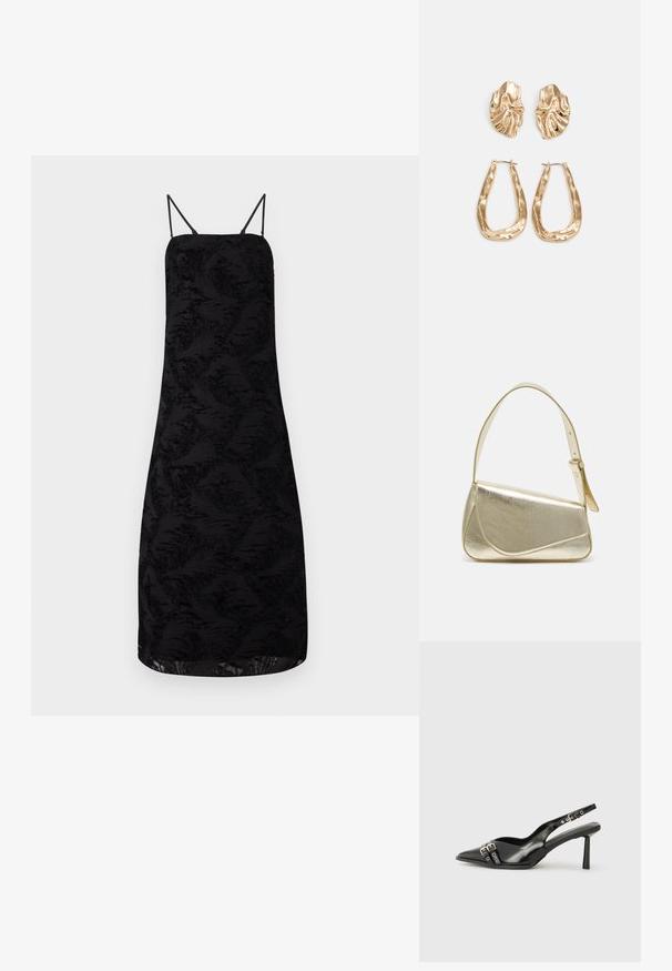 Fekete ruha spagetti pántokkal, amely texturált virágmintás anyagból készült, térd hosszúságú szegéllyel és egyenes sziluettel.; Fekete lakk bőr, hegyes orrú slingback cipő, boka pántokkal, ezüst csatokkal és hardverelemekkel, valamint karcsú sarkú.; Arany fémes kézi táska, strukturált dizájnnal, sima felülettel és állítható pánttal. Egyedi háromszög alakú, minimalistának mondható varrásokkal rendelkezik.; Aranyszínű fülbevalók, texturált, hullámos formákkal. Tartalmazza a szobrászati klipszes studokat és az open hoop kialakítást, kalapácsos felülettel.