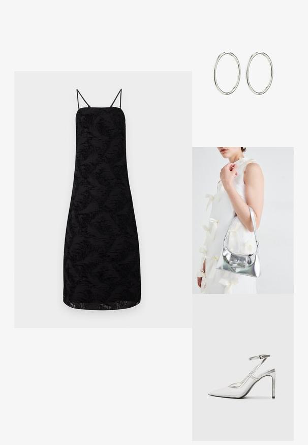 Crna haljina s tankim bretelama, s teksturiranom tkaninom u cvjetnom uzorku, do koljena i ravnog kroja.; Prozirna štikla s oštrim vrhom, prozirni materijal, metalik srebrni detalji i podesiva narukvica oko gležnja.; Srebrna metalik torbica sa strukturiranim oblikom, s gornjom drškom i detaljem mašne sprijeda. Glatka tekstura, reflektirajući finiš.; Srebrne okrugle naušnice s glatkom, poliranom površinom. Okrugli oblik, lagani dizajn, s mehanizmom sigurnog kopčanja.