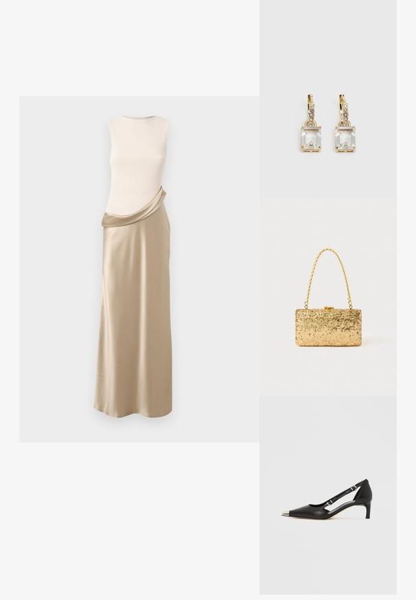 Šaty bez rukávů s krémovým vroubkovaným vrškem a splývavou béžovou saténovou sukní. Hladká textura, plynulý tvar a jemný kontrast barev.; Černá kožená botička s nízkým podpatkem, špičatou stříbrnou špičkou a dvěma pásky s přezkami na bílém pozadí.; Zlatá flitrová kabelka ve tvaru obdélníku, s propleteným řetízkovým uchem a kovovým zapínáním, odrážející světlo s texturovaným povrchem.; Náušnice ve zlatém odstínu s obdélníkovým, průhledným krystalem zavěšeným pod řadou malých, kulatých průhledných akcentů. Elegantní, moderní design.