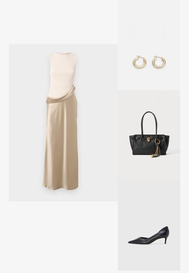 Bez piedurknēm, ar krēmkrāsas ribotu augšu un drapētu bežā satīna svārku. Gluda tekstūra, plūstoša forma un maiga krāsu kontrasts.; Melna ādas kurpe ar smailu purngalu un zemu papēdi. Raksturota ar gludu tekstūru un smalku spīdumu. Priekša ar atvērtu izgriezumu papildu detaļai.; Melnas ādas rokassomu ar divām rokturiem, zelta slēdzi un ķēdes detaļu, kā arī melnbaltu pušķa aksesuāru uz balta fona.; Lauren Ralph Lauren BASIC SMALL HOOP - Auskari - gold-coloured