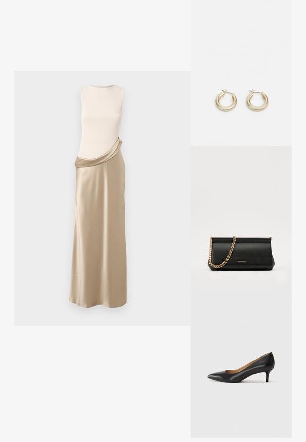 Hame dress ilman hihoja, jossa on kerma värinen ribattu yläosa ja laskostettu beige satiinihame. Siisti pinta, virtaava muoto ja pehmeä väri- kontrasti.; Mustat nahka-korkokengät, joissa on terävä kärki, matala korko ja sileä pinta. Edessä on pieni aukko ja takana minimaalinen varustus.; Musta nahkainen clutch-laukku, jossa on kultaketju, sileä pinta, suorakulmainen muoto ja kohokuvioitu brändimerkintä edessä.; Lauren Ralph Lauren BASIC SMALL HOOP - Korvakorut - gold-coloured