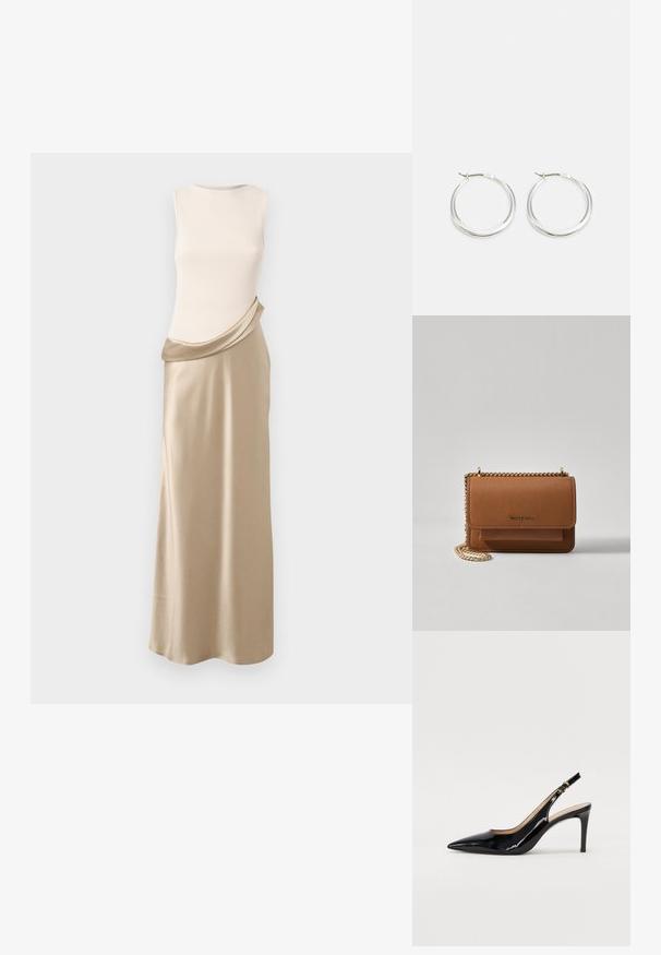 Kratka obleka brez rokavov s kremasto rebrasto zgornjim delom in drapirano bež satenasto krilo. Gladka tekstura, tekoča oblika in mehak barvni kontrast.; Črne lakirane slingback čevlje z izostrenim nosom, ozkim peto in subtilnim izrezom. Na traku je zlata sponka.; Rjava teksturirana usnjena torba čez ramo z zlatim verižnim trakom in zapiranjem na pokrov. Spredaj je vidna podrobnost logotipa in žep pod pokrovom.; Srebrni obroči za ušesa imajo gladko, zaobljeno obliko z tankim profilom in varnim zapiranjem. Minimalističen stil z sijočo površino.