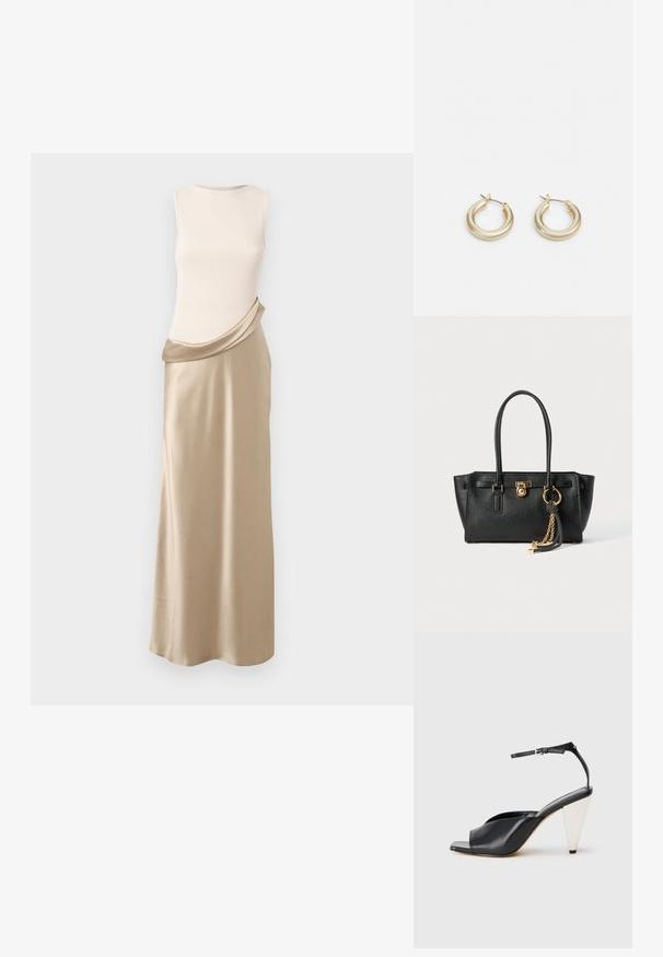 Rochie fără mâneci cu un top ribat crem și o fustă drapată din satin bej. Textură netedă, formă fluidă și contrast de culori delicate.; Sandal cu toc înalt din piele neagră, cu vârf deschis, design asimetric, curea pentru gleznă și toc metalic în formă de con. Textură netedă pe toată suprafața.; Geantă de mână din piele neagră cu mânere duble, lacăt aurit și detalii cu lanț, împreună cu un accesoriu cu ciucuri alb-negru, pe fond alb.; Lauren Ralph Lauren BASIC SMALL HOOP - Cercei - gold-coloured