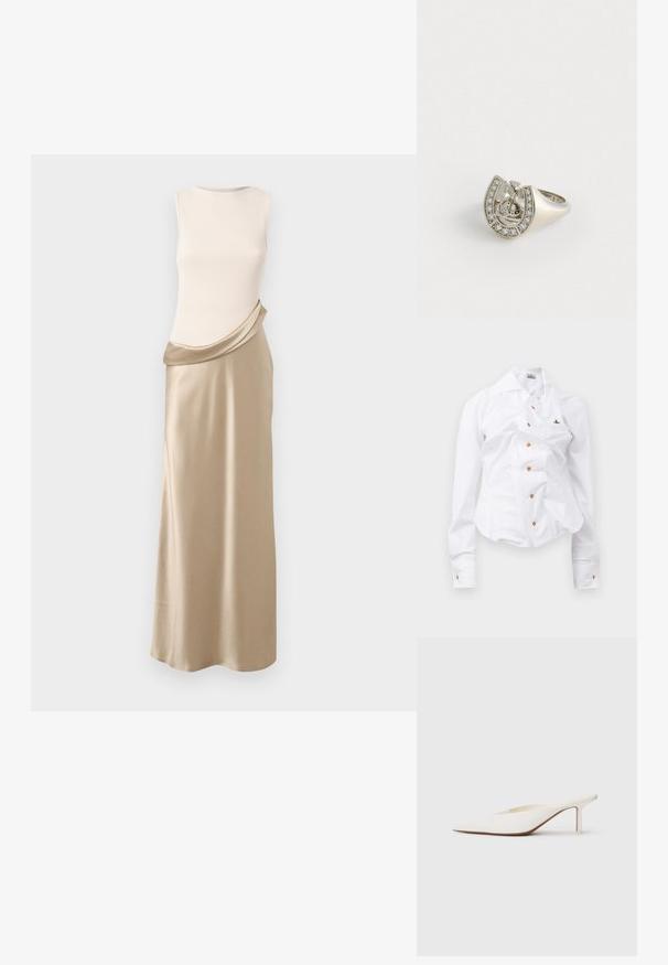 Bez piedurknēm, ar krēmkrāsas ribotu augšu un drapētu bežā satīna svārku. Gluda tekstūra, plūstoša forma un maiga krāsu kontrasts.; Balts garām piedurknēm krekls ar pieguļošu dizainu. Iekļauj lielu apkakli, priekšējo pogu aizdari ar brūnām pogām un mazu izbrodētu logotipu.; Punktveidīgi baltie mūļi ar zemu stiletto papēdi. Izgatavoti no gludas materiāla ar minimālistisku dizainu un smalku brūnganu zoles akcentu.; Sudraba gredzens, kas veidots kā zirgskābe, rotāts ar maziem caurspīdīgiem dārgakmeņiem gar ārējo malu un centrālo dizainu, kurā ir krusts.