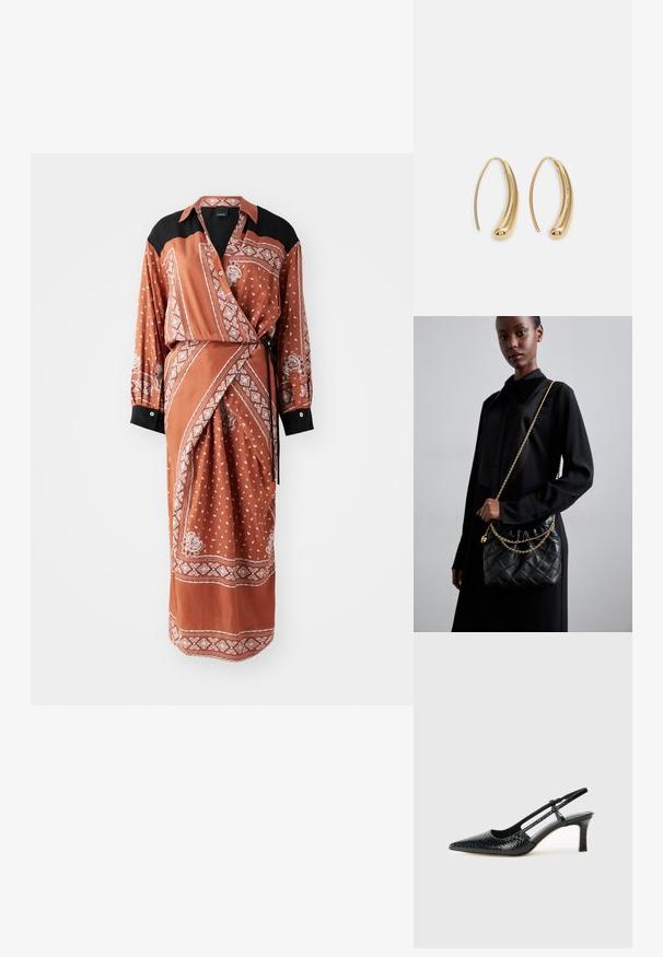 Rudai oranžinė apyrankė su juodu apykakle ir rankogaliais, su baltais paisley ir taškeliais, pagaminta iš lygaus, lengvo audinio.; Juodai lakuoti slingback aukštakulniai su smailiu nosiu, su tekstūruotu gyvatės raštu, reguliuojama juosta ir trumpu, tekstūruotu blokiniu kulnu.; Juodas susegamas odinis rankinukas su susiraukšlėjusia viršuje, auksine grandine ir stačiakampiu pavidalu, laikomas prieš paprastą foną.; Auksinės metalinės auskarų kabės su lenktą, pailgą forma. Turi lygų, blizgantį paviršių ir užapvalintą galiuką papildomam akcentui.