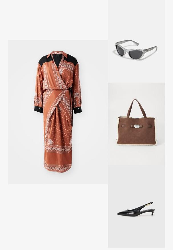 Rūsgani apģērbti kleitas ar melnu apkakli un aprocēm, kurās ir balti paisleji un punktiņu raksti, izgatavota no gludas, vieglas auduma.; Melnas ādas slingback zābaki ar smailu purngalu, ar šauru papēdi un zelta krāsas akcentu uz regulējama siksniņas. Gluda tekstūra.; Sudraba kaķa acs saules brilles ar tumšiem stikliem, rotātas ar caurspīdīgu dārgakmeņu akcentiem ap rāmjiem. Matēta virsma ar izliekta templa dizainu.; Brūna zamšādas soma ar mīkstu krēmkrāsas šērlinga apdari, dubultiem rokturiem un sudrabīgu taisnstūra aizdari uz vienkārša baltā fona.