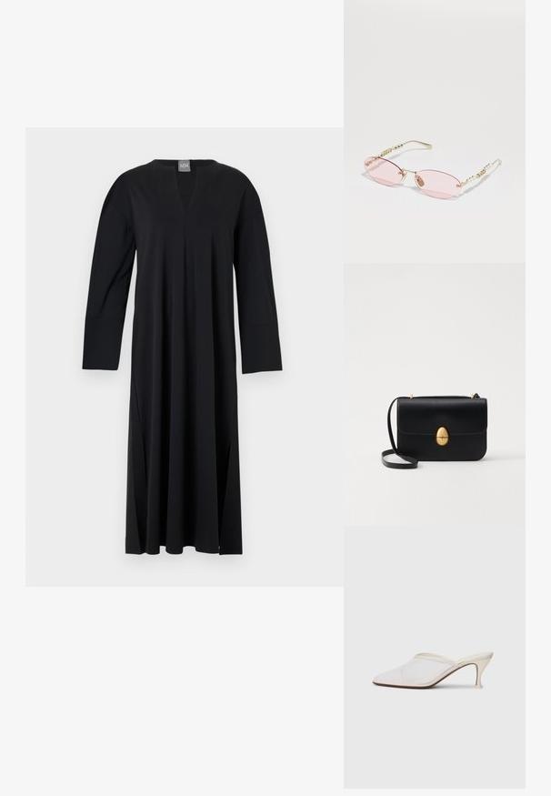 Must musta varrukatega kleit V-kaelusega, valmistatud siledast kangast. Omab külgsuundi, lõdva istuvuse ja sujuva õlavarre disaini.; Valge võrkmaterjalist teravatoa mulli king, millel on peen keskmise kõrgusega konts ja libisev disain, tühjal taustal.; Gucci Päikeseprillid - gold-coloured/pink; Must kase nahast käekott, millel on struktureeritud ristkülikukujuline kuju. Omab kuldset ovaalset lukku ja õhukest õlavarre rihma. Sile tekstuur.; Must kase nahast käekott, millel on struktureeritud ristkülikukujuline kuju. Omab kuldset ovaalset lukku ja õhukest õlavarre rihma. Sile tekstuur.