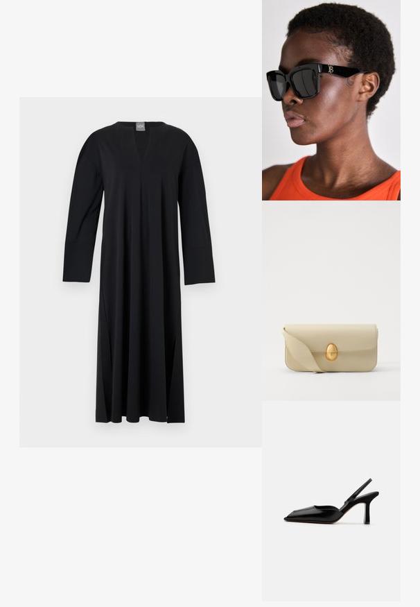 Čierne dlhé šaty s dlhým rukávom a výstrihom do V, vyrobené z hladkej tkaniny. Obsahujú bočné rozparky, voľný strih a bezšvový dizajn ramien.; Čierne kožené sandále na podpätku s špicatou špičkou, minimalistický dizajn, tenký remienok okolo členka a elegantný stiletto podpätok. Hladká textúra.; Čierne štvorcové slnečné okuliare s tmavými sklami, hrubými rámami a zlatým detailom loga na ramene. Nosené osobou v oranžovom tričku.; Béžová kožená kabelka s hladkou textúrou, obdlžnikovým tvarom a zlatým oválnym zapínaním. Má dlhý, nastaviteľný popruh.