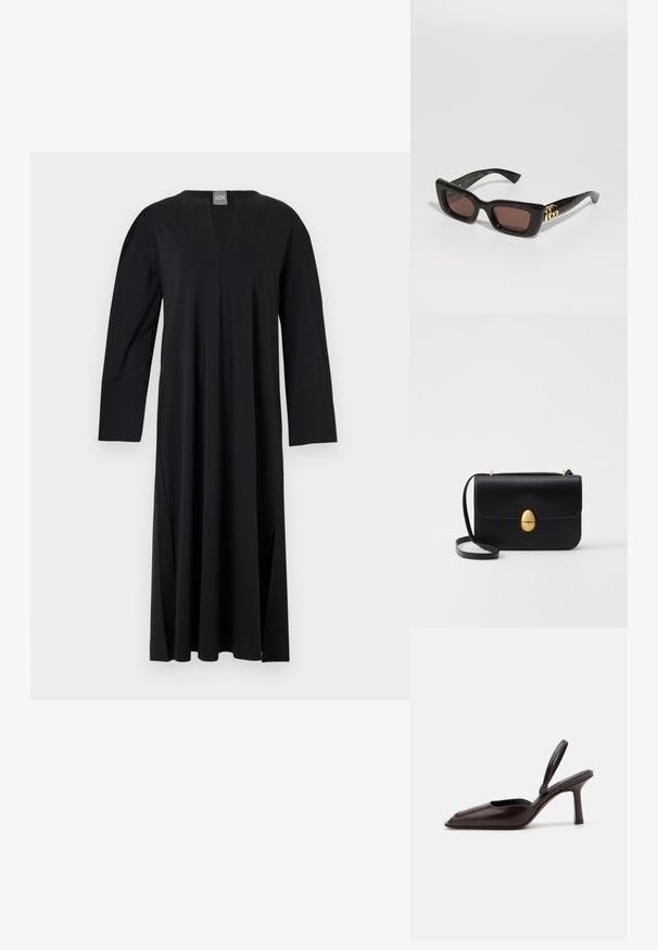 Must musta varrukatega kleit V-kaelusega, valmistatud siledast kangast. Omab külgsuundi, lõdva istuvuse ja sujuva õlavarre disaini.; Kohvpruun patendiga nahast slingback-king, millel on terav nina ja kitsas kõrge konts. Omab elegantset disaini ja sujuvat pindade tekstuuri.; Mustad kilpkonna pruunide läätsedega päikeseprillid, paksu raamiga ja kuldse topelt-G logo detailiga põlves.; Must kase nahast käekott, millel on struktureeritud ristkülikukujuline kuju. Omab kuldset ovaalset lukku ja õhukest õlavarre rihma. Sile tekstuur.