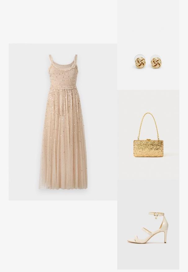 Vestido longo, bege, com corpete franzido e alças finas. Apresenta uma saia em tule em camadas com lantejoulas douradas espalhadas por toda a parte.; Sandálias de salto alto bege com tira fina no tornozelo e duas tiras superiores. Acabamento em patentes brilhantes e detalhe em dourado na tira do tornozelo.; Clutch dourada em lantejoulas com formato retangular, apresentando uma alça de corrente torcida e um fecho de metal, refletindo a luz com um acabamento texturizado.; Brincos de pressão em tom dourado com um design torcido. Cada brinco possui uma base circular transparente para um uso seguro.