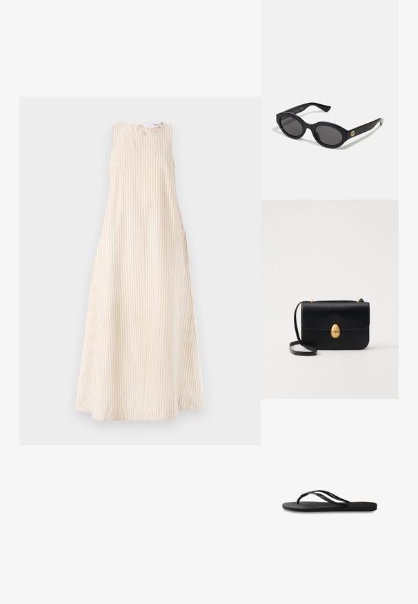 Beige ujjatlan ruha vertikális bordás textúrával, kerek nyakkivágással és oldalsó redőzéssel. Félhosszban, egyenes sziluettel.; Fekete papucs texturált gumitalppal, két vékony pánttal és finom, domború logóval a pánton.; Fekete ovális napszemüveg sötét lencsékkel és fényes műanyag kerettel. Aranyszínű logóval rendelkezik a szárán, amely elegáns és modern megjelenést biztosít.; Fekete bőr kézitáska, struktúrált, téglalap alakú formával. Arany ovális kapoccsal és vékony vállpánttal rendelkezik. Sima textúrájú.