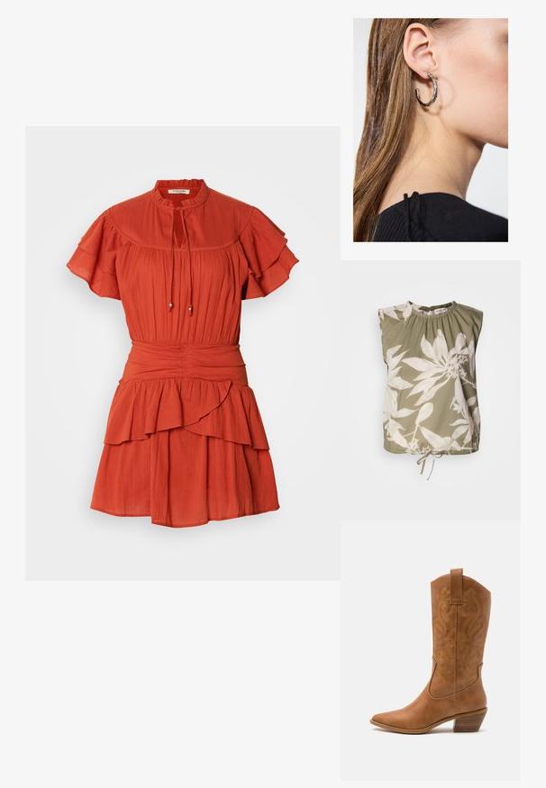 Rød kort kjole med høy hals, volangerm og lagdelt skjørt; har snor med perler og teksturert stoff.; Oliven grønn ermeløs topp med en samlet halsringning, med store hvite blomstermønstre og justerbar knyting i kantene. Myk tekstur.; Brune lær cowboy støvel med spiss tå, broderte svirvlende mønstre på skaftet og en stablet blokk hæl. Har en trekksløyfe for enkel påkledning.; Sølv ringøredob med en polert finish, med små gull detaljer og en rund form, båret på øreflippen.