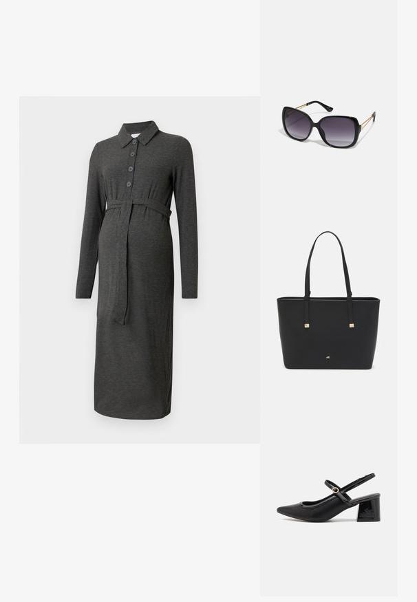 Haljina za trudnice u tamnosivoj rebrastoj tkanini, s ovratnikom, dugim rukavima, gumbima sprijeda i pojasom za prilagodljivu veličinu.; Crne lakirane slingback visoke potpetice s šiljastim vrhom, zaobljenim izrezom i blok potpeticom. Sadrži akcent zlatnog tona s kopčom.; Crne prevelike sunčane naočale s gradijentnim lećama, debelim okvirom i zlatnim lancem kao detaljem na krakovima.; Crna torba od sintetičkog materijala, s jednostavnim pravokutnim dizajnom, zlatnim kvadratnim detaljima i dvostrukim ručkama.