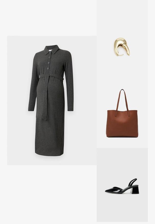 Těhotenské šaty z tmavě šedého ribbeného materiálu, s límečkem, dlouhými rukávy, knoflíkovou přední částí a páskem v pase pro nastavitelnou velikost.; Černé lakované kožené lodičky na pásku s špičatou špičkou a geometrickým blokovým podpatkem. Vyznačují se elegantním, minimalistickým designem a hladkým povrchem.; Hnědá kožená taška přes rameno s hladkou texturou, otevřeným designem a dvěma ramenními popruhy. Obsahuje minimální švy a žádné viditelné kovové prvky.; Náušnice ve zlatém tónu z kovu s elegantním zakřiveným designem. Vyznačují se jedinečným špičatým tvarem, lesklým povrchem a závěsem na kloub.