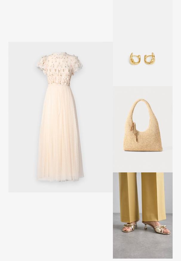 Needle & Thread ROCOCO BODICE ANKLE GOWN - Oblečenie na špeciálnu príležitosť - cream; Stuart Weitzman FELICITY BOW SLIDE - Šľapky na opätku - platino; Tkaná béžová kabelka s zakrivenou rukoväťou, štruktúrovaným povrchom a hnedým strapcom. Má uvoľnený, hobo tvar.; Zlaté kruhové náušnice s hladkým, zaobleným dizajnom a lesklým povrchom. Náušnice majú kompaktný, hrubý tvar a bezšvíkovú sponu.