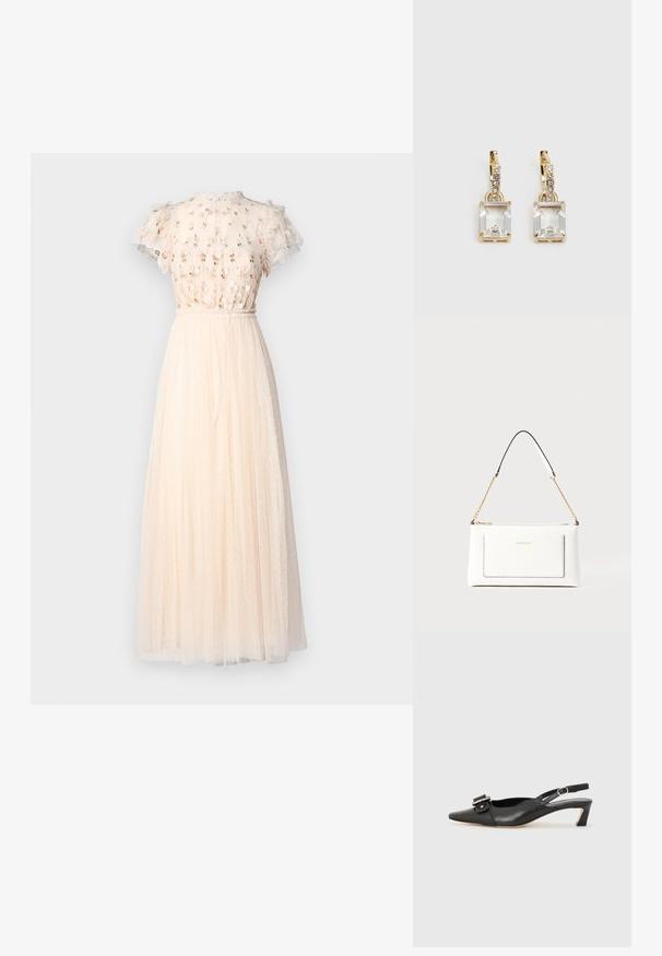Needle & Thread ROCOCO BODICE ANKLE GOWN - Pidulikud riided - cream; Must must nahk slingback kingad terava varbaga, väikese kontsaga ja dekoratiivse pandlaga ülaosas. Sile tekstuur, minimalistlik disain.; Valge nahast kott tekstureeritud viimistlusega, millel on kuldne kettling ja mustad aktsendid. Include eesmine tasku ja tõmblukk.; Kuldtooni kõrvarõngad, millel on ristkülikukujuline, selge kristall, mis ripub allapoole väikeste ümmarguste selgete aktsentide rida. Viimistletud, kaasaegne disain.
