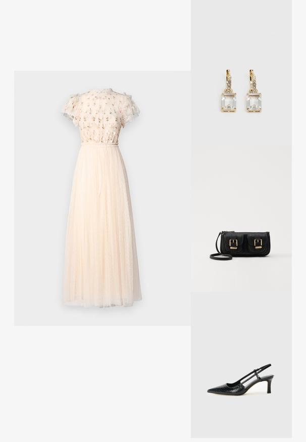 Needle & Thread ROCOCO BODICE ANKLE GOWN - Occasion wear - cream; Black patent slingback heel with a pointed toe, featuring textured snake print, adjustable strap, and a short, textured block heel.; Black leather crossbody bag with two front pockets, gold buckles, zipper closure, and a slim strap. Textured surface and compact rectangular shape.; Gold-tone earrings featuring a rectangular, clear crystal dangling below a row of small, round clear accents. Sleek, modern design.