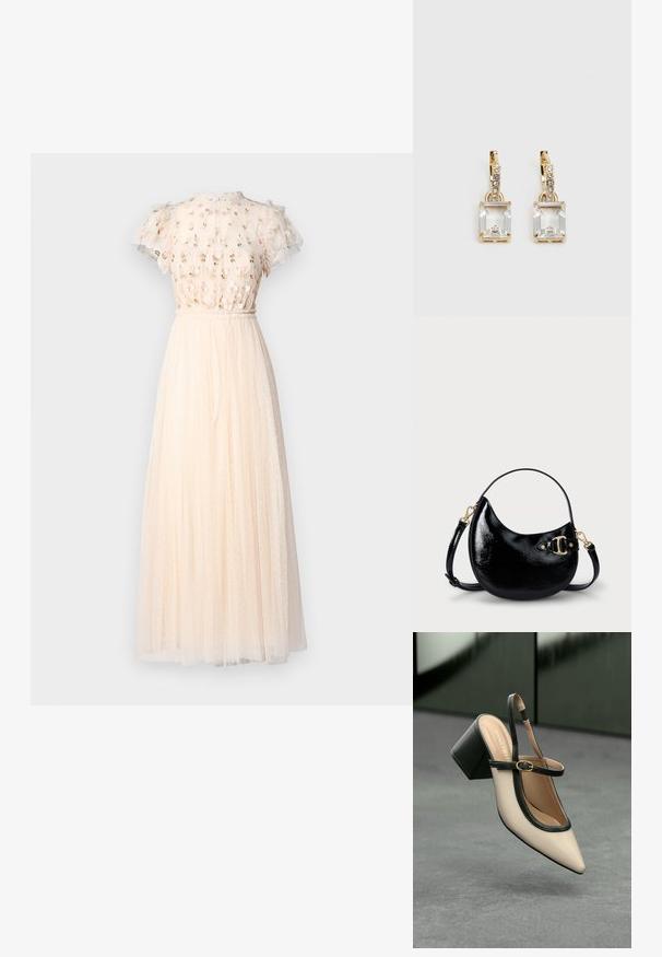 Needle & Thread ROCOCO BODICE ANKLE GOWN - Ballkleid - cream; Beige Slingback-Schuh mit spitzer Zehenpartie, schwarzer Umrandung, goldener Schnalle und dicker Blockabsatz auf grauem Boden vor dunklem grünen Hintergrund.; Schwarze Handtasche aus Lackleder in geschwungener Form, mit verstellbarem Trageriemen und goldfarbenen Hardware-Details an der Seite. Glatte, glänzende Textur.; Ohrringe in Goldfarbe mit einem rechteckigen, durchsichtigen Kristall, der unter einer Reihe kleiner, runder klarer Akzente hängt. Elegantes, modernes Design.