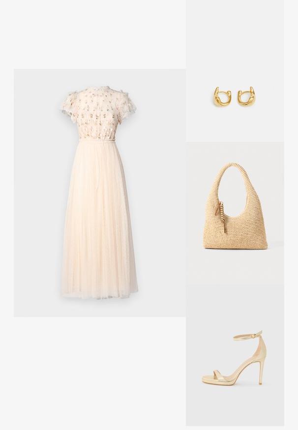 Needle & Thread ROCOCO BODICE ANKLE GOWN - Apģērbs svinīgiem gadījumiem - cream; Zelta metāla augstpapēžu sandales ar atvērtu purngalu, potītes siksniņu ar sprādzi un platformas zoli papildu augstumam. Gluda tekstūra.; Auduma bēšs rokassomu ar izliekto rociņu, strukturētu virsmu un brūna pušķa detaļu. Iespējama vaļīga, hobo forma.; Zelta auskari ar gludu, noapaļotu dizainu un spīdīgu apdari. Auskariem ir kompakta, masīva forma un bezšuvju sprādze.