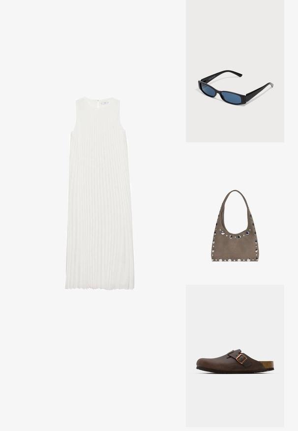Rochie albă fără mâneci, cu pliu vertical, guler rotund și fermoar la spate. Material moale cu un design fluid.; Sabot din piele maro, cu o curea lata și o cataramă din cupru, având o tălpiță texturată din plută și o talpă groasă din cauciuc negru.; Ochelari de soare negri cu un cadru dreptunghiular elegant și lentile albastre. Prezintă o textură netedă și brațe rezistente. Logo-ul brandului pe lateral.; PULL&BEAR SHOPPER - Geantă de pânză - grey