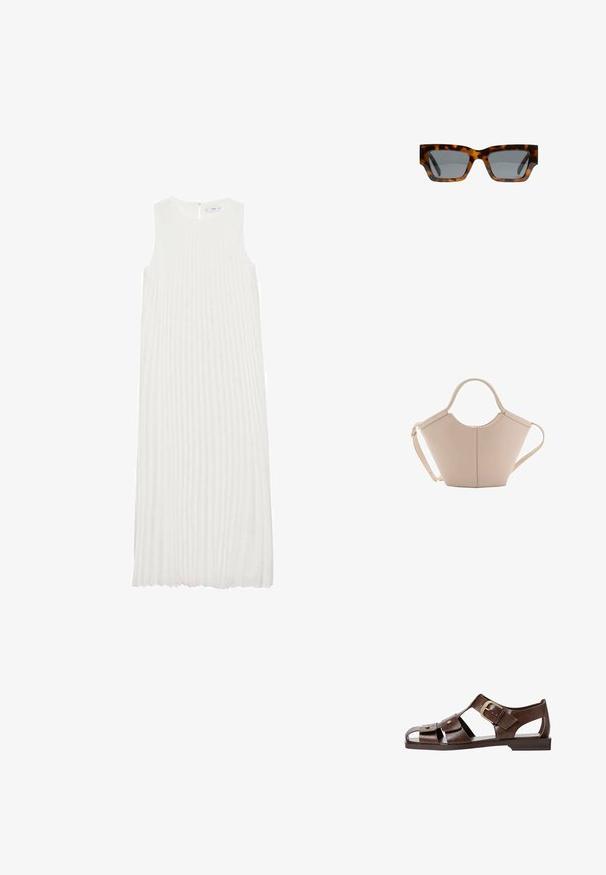Bílé bezrukávové šaty s vertikálními sklady, kulatým výstřihem a zipem na zadní straně. Měkká tkanina s volným designem.; Hnědé kožené sandály s výřezovým designem, nastavitelnou boční sponou a plochou podrážkou, s kovovými detaily a otevřenou špičkou.; Sluneční brýle s želvovinovým vzorem, hranatými rámečky, šedými skly a hladkým povrchem. Vyznačují se odvážným geometrickým designem a silnými stranami.; Beige kožená kabelka s jedinečným tvarem, vybavená dvěma krátkými uchy a dlouhým nastavitelným popruhem. Hladká textura s minimem kovových doplňků.
