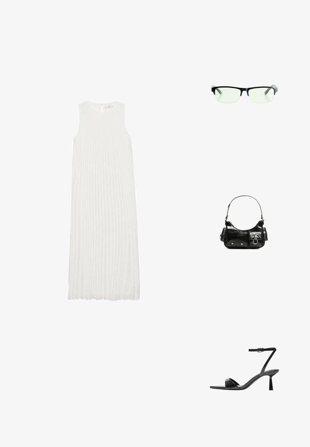 Bílé bezrukávové šaty s vertikálními sklady, kulatým výstřihem a zipem na zadní straně. Měkká tkanina s volným designem.; Bershka Sandály na vysokém podpatku - black; Černé obdélníkové brýle s průhlednými čočkami, s elegantními černými obroučkami a šedými průhlednými koncovkami. Minimalistický design, bez viditelného brandingu.; Černá lakovaná kožená kabelka s křivkovým tvarem, jedním ramenním popruhem, předními kapsami a stříbrnými kovovými detaily.