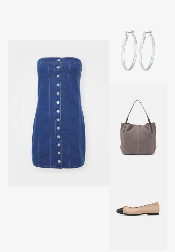 Tumši zila džinsa bezplecu kleita ar piegulīgu dizainu un sudraba spiedpogām gar priekšpusi. Satur kontrastējošus šuvju izšuvumus.; Balerīnas ar beige satīna augšdaļu, melnu patentēta āda purngalu, mazu loku detaļu priekšā un zemu melnu papēdi.; Pelēks zamšādas rokassoma ar diviem tumšiem ādas rokturiem. Iespējas ietver šuvējas detaļas sānos, mīkstu tekstūru un plašu atvēršanu.; Sudraba riņķveida auss gredzeni ar gludu, pulētu apdari. Apaļa forma un drošs klikšķa augšējais slēgums. Viegls dizains, kas piemērots ikdienas valkāšanai.