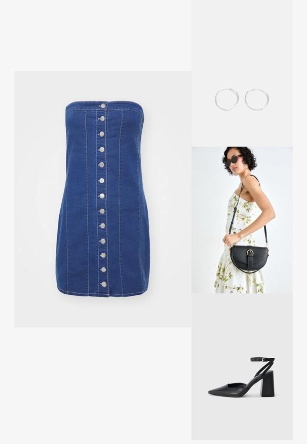 Tamsiai mėlyna džinsinė suknelė be petnešų su prigludusia siluetu ir sidabriniais spaudėmis priekyje. Siūlės puošia kontrastinga siuvimo linija.; Juoda odinė smailiagalė aukštakulnio bateliai su kulkšnies dirželiu ir storu kulnu. Lygus paviršius, elegantiškas dizainas ir minimalistiška estetinė. ; Juodas odinis krepšys su išlenkta forma, nuimamu dirželiu ir auksiniais detalėmis. Krepšys turi kilpą su sagtimi.; Sidabrinės auskarai žiedai su sėslia, apvalia forma, pasižymintys lygia paviršiumi ir be matomų puošmenų. Svoris nenurodytas.