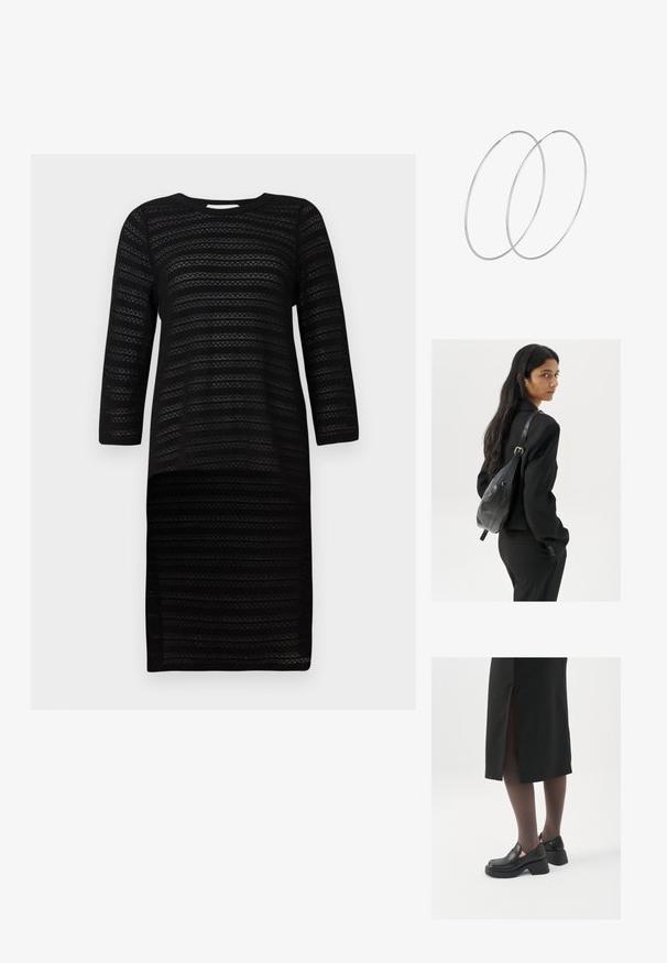 Vestido negro de punto con mangas tres cuartos, que presenta un patrón de rayas texturizado. Cuello redondo y silueta a la altura de la rodilla.; Zapatos de piel negra con punta redondeada, tacón grueso y bloque, y acentos elásticos en los laterales, combinados con unos pantys oscuros y una falda negra con una abertura.; Mujer con cabello largo y oscuro vestida con un traje negro, llevando un bolso de cuero negro al hombro, mirando por encima de su hombro contra un fondo blanco.; Pendientes de aro plateados con un diseño minimalista. Forma circular, textura suave y perfil delgado. Livianos con un acabado pulido.