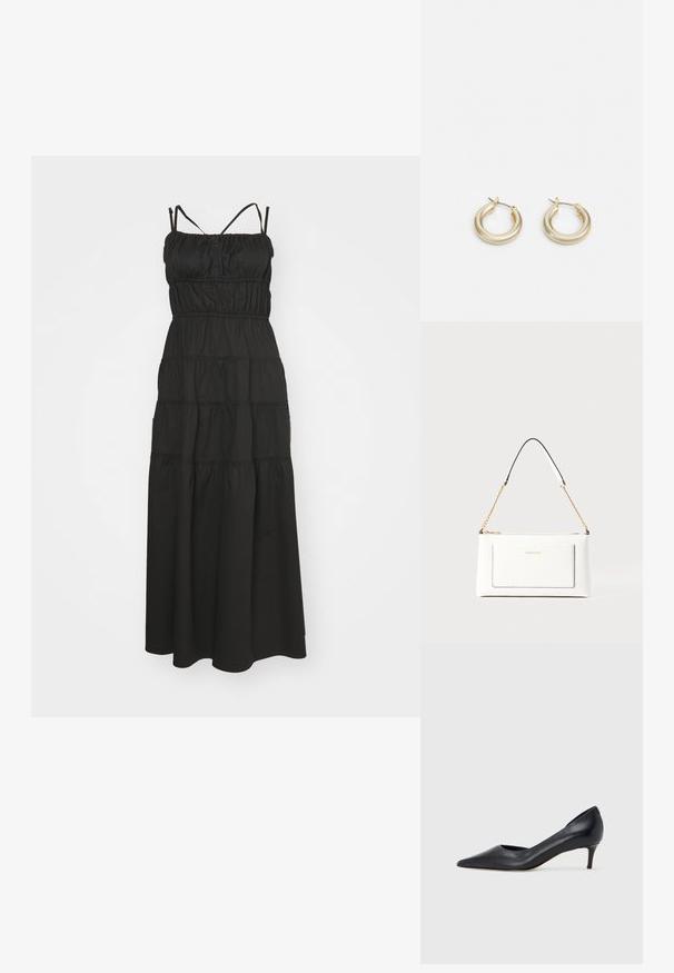 Svart maxiklänning med tunna justerbara remmar, rynkad bodice och lager-på-lager, flödande design. Slät tyg med subtil textur.; Svart läderpumps med spetsig tå och låg klack. Har en slät textur och subtil glans. Öppet utskuret fram för extra detalj.; Vit läderhandväska med texturerad yta, med guldkedjeslinga och svarta accenter. Inkluderar en framsida ficka och dragkedjestängning.; Lauren Ralph Lauren BASIC SMALL HOOP - Örhänge - gold-coloured