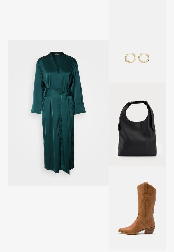 Pikk, tumeroheline satiinist hommikumantel V-kaelusega, laiade varrukatega ja kinnise vööga. Omab siledat tekstuuri ja põrandani ulatuvat disaini.; Kohvitooni nahast cowboy-kork, millel on terav varvas, tikitud keerised varrel ja virnastatud ploki konts. Omab tõmbeava, et seda oleks lihtne jalga panna.; Mustast nahast käekott, millel on suur avatud ülaosa ja üks õlavarras. Pehme tekstuur, minimalistlik disain, peened metalldetailid.; Kuldsete rõngaskõrvarõngaste tekstuuriga, ebakorrapärane kuju. Omab sujuvat lukustust ja poleeritud pinnatöötlust, rõhutades kaasaegset disaini.