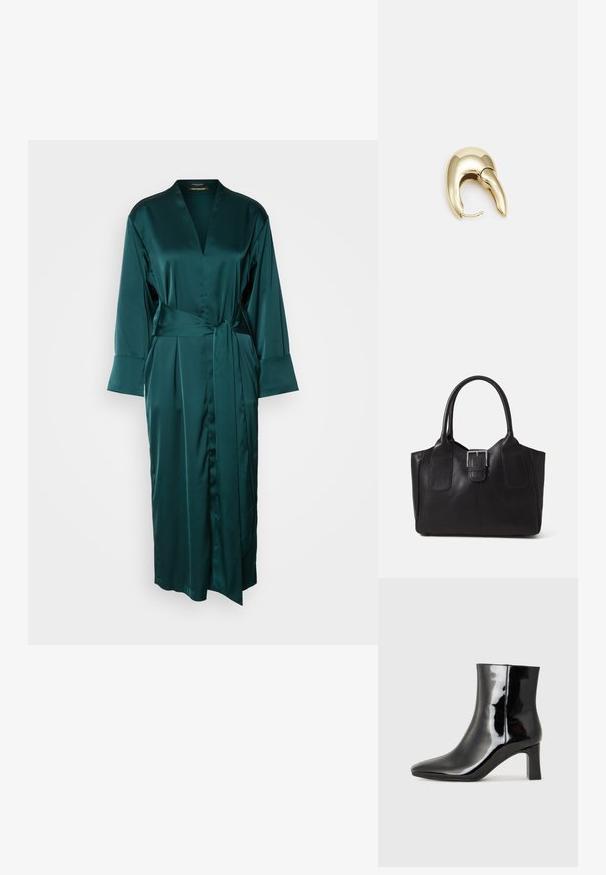 Long, deep green satin robe with a V-neck, wide sleeves, and a tied waist. Features smooth texture and a floor-length design.; Black patent leather ankle boot with a pointed toe and a mid-height block heel. Smooth texture and minimalist design.; Black leather tote bag with smooth texture, structured shape, two handles, and a prominent silver buckle detail on the front.; Gold-tone metal earring with a sleek, curved design. Features a distinctive pointed shape, polished surface, and hinge closure.