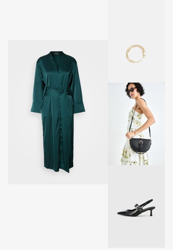 Pikk, tumeroheline satiinist hommikumantel V-kaelusega, laiade varrukatega ja kinnise vööga. Omab siledat tekstuuri ja põrandani ulatuvat disaini.; Mustad patenteeritud nahast sildiga kontsad, millel on terav nina ja väike plokk-konts, mille rihmal on hõbedane pandla aksessuaar.; Mustmust mustraha kõverate joontega, eemaldatava rihmaga ja kuldsete detailidega. Kotil on klapp, millel on pandladetail.; Kuldtoonis sõrmus, millel on orgaaniline, keerdunud disain sileda tekstuuri ja kitsenevate otstega, luues kaasaegse skulptuurilise välimuse.