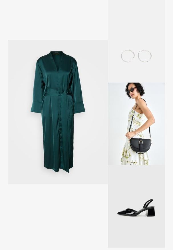 Dlouhá, tmavě zelená saténová róba s výstřihem ve tvaru V, širokými rukávy a vázáním v pase. Vyznačuje se hladkou texturou a dlouhým střihěm až na zem.; Černé lakované kožené lodičky na pásku s špičatou špičkou a geometrickým blokovým podpatkem. Vyznačují se elegantním, minimalistickým designem a hladkým povrchem.; Černá kožená kabelka s křivkovým tvarem, odnímatelným popruhem a zlatými detaily. Kabelka má klopu s přezkou.; Stříbrné kruhové náušnice s elegantním, kulatým designem, s hladkým povrchem a bez viditelných ozdob. Průměr není specifikován.