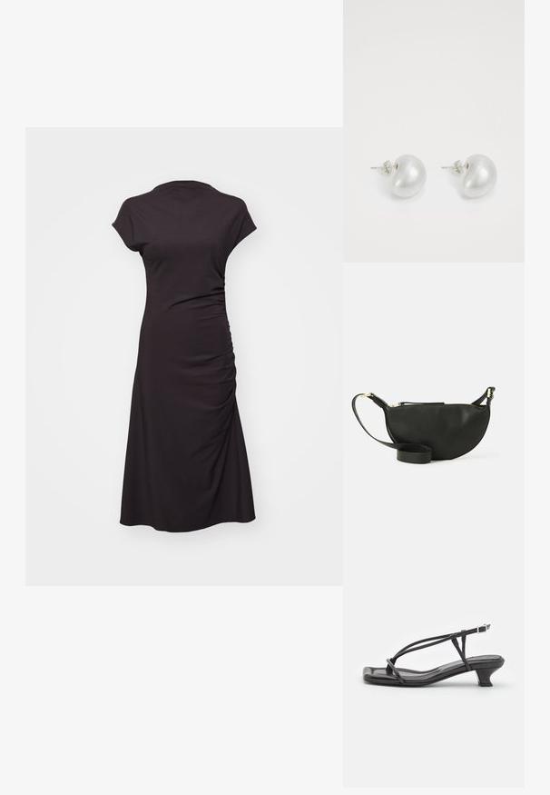 Μαύρο φόρεμα φτιαγμένο από μαλακό ύφασμα με κανονική εφαρμογή τοπ, κοντά μανίκια και τσάκιση στο πλάι, ρέει σε σφηνοειδή τελείωμα.; Μαύρη δερμάτινη σαγιονάρα με λεπτές ρίγες, χαμηλό τετράγωνο τακούνι και τετραγωνισμένη μύτη. Διαθέτει κούμπωμα με αγκράφα και λεία υφή.; Μαύρη δερμάτινη τσάντα χιαστί σε σχήμα ημισελήνου, με υφή στην επιφάνεια, χρυσό φερμουάρ και επίπεδη ζώνη. Συμπαγής σχεδίαση κατάλληλη για τα βασικά σας αντικείμενα.; Ασημένια σκουλαρίκια πέρλες σε καμπύλο σχήμα φασολιού. Λείος, γυαλιστερός επιφάνεια και ασφαλισμένα με κούμπωμα βίδας και πλάτη.