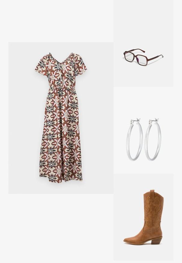 Maxiklänning med korta ärmar, med ett blommönster i rosa, brunt och marinblått på en kremfärgad bakgrund. Elastisk midja, löst draperad design.; Bruna lädercowboystövlar med spetsig tå, broderade virvelmönster på skaftet och en staplad blockklack. Har en dragflik för enkel påtagning.; Bruna, rektangulära glasögon med genomskinliga linser och lila toning. Slät plastbåge med raka skalmar och subtila detaljer.; Silverfärgade hoopörhängen med en slät, polerad yta. Rund form och säker klickstängning. Lättviktig design som passar för vardagligt bruk.