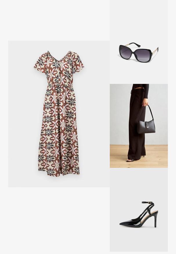 Robe maxi à manches courtes, avec un motif floral en rose, marron et bleu marine sur un fond crème. Taille élastique, design drapé lâche.; Escarpin en cuir verni noir à talon haut, avec un bout pointu, une bride réglable à la cheville et des côtés ouverts. Texture lisse.; Lunettes de soleil noires surdimensionnées avec des verres dégradés, monture épaisse et détails en chaîne dorée sur les branches.; Sac à main noir à la forme structurée, texture lisse et fermoir métallique. Associé à un pantalon noir ample et des sandales ouvertes sur un sol en bois.