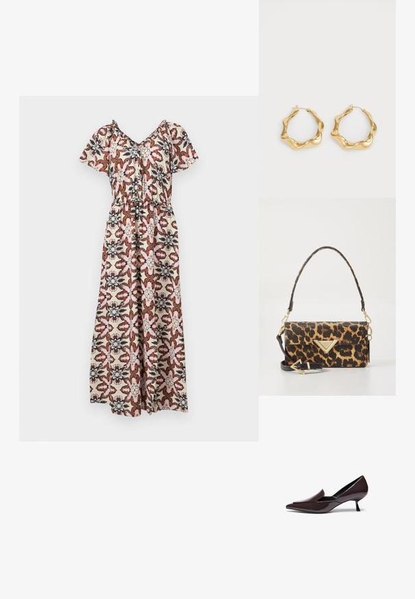 Vestido maxi con mangas cortas, con un estampado floral en rosa, marrón y azul marino sobre un fondo crema. Cintura elástica, diseño suelto y drapeado.; Zapatos de tacón con punta afilada en piel sintética marrón oscuro con un tacón stiletto bajo y una silueta elegante, que presentan un empeine ligeramente elevado.; Bolso de mano de estampado de leopardo en piel sintética texturizada, con un acento triangular en tono dorado y una correa de hombro desmontable.; Pendientes de aro de oro con un diseño ondulado y texturizado. Cuentan con un cierre de alambre delgado y una superficie pulida y reflectante.