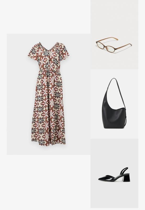 Rochie maxi cu mâneci scurte, având un model floral în nuanțe de roz, maro și bleumarin pe un fundal crem. Talie elastică, design drapat lejer.; Pantofi cu toc slingback din piele lacuită neagră, cu vârf ascuțit și toc geometric. Prezintă un design elegant, minimalist și o textură netedă.; Ochelari în nuanță de țestoasă maro, cu lentile ovale, brațe subțiri și accente transparente. Prezintă un logo subtil pe tâmplă. Design elegant și ușor.; Geantă hobo din piele neagră, cu o textură netedă, formă curbată și un singur bretele ajustabil; are o deschidere largă în partea de sus.