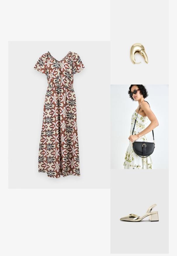 Maxi ruha rövid ujjal, rózsaszín, barna és tengerészkék virágmintával, krémszínű háttéren. Gumírozott derék, laza szabás.; Arany, fémből készült slingback sarkú cipők hegyes orral és vastag sarokkal. Simaság, minimalista design és keskeny pánt jellemzi.; Fekete bőrtáska ívelt formával, levehető pánttal és arany színű fémrészekkel. A táskán egy csattal díszített fedél található.; Aranyszínű fém fülbevaló, elegáns, ívelt formával. Különleges hegyes alak, fényes felszín és zsanéros záródás jellemzi.
