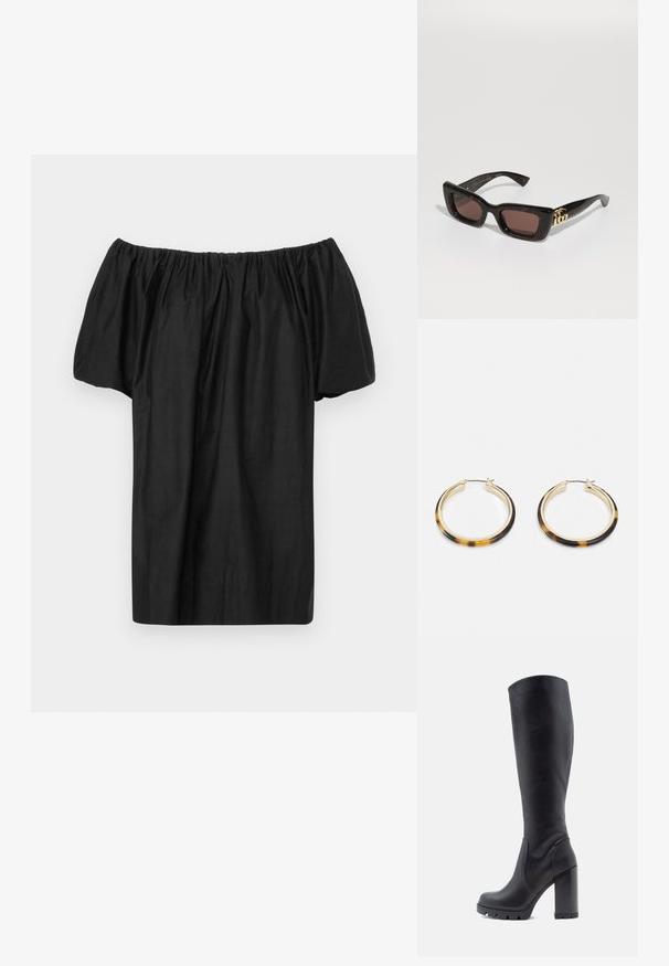 Juodas offopečių viršus, pagamintas iš lengvos medžiagos, su surinkta iškirpte ir trumpomis, pūstomis rankovėmis. Paprastas, be puošmenų dizainas.; Juodi iki kelių auliniai batai, lygaus odos paviršiaus, masyvi pakulnė, apvali nosis, tekstūruota padas su sukibimu, elegantiškas dizainas be papuošimų.; Juodos tortoise tipo saulės akinius su stačiakampiais objektyvais, rudos spalvos tonu, storesniu rėmu ir auksine dviguba G logo detale ant šventyklos.; Auksinės spalvos auskarai su torto kiauto raštu pagaminta dirbtinės dervos išorine dalimi, turintys lygią apdailą ir elegantišką, apvalią formą.