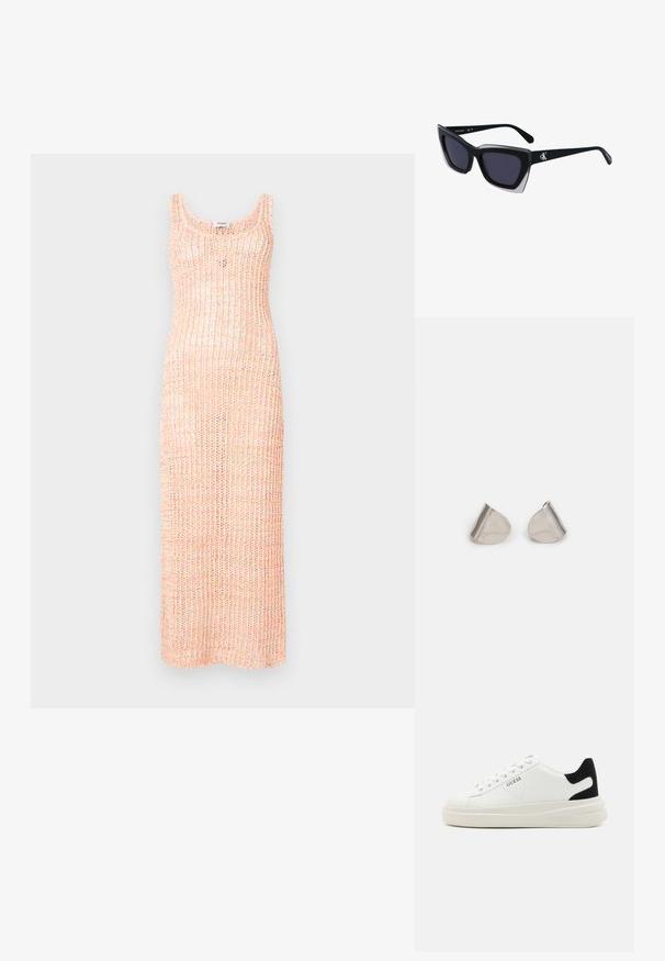 Pletené jersejové šaty v pastelovo ružovej farbe s multikolórovými bodkami. Majú okrúhly výstrih a priliehavý strih až po zem.; Biele kožené tenisky s hrubou bielou podrážkou, čiernym zamekom na päte a vyrazeným logom na boku. Šnurovací dizajn so šiestimi očkami.; Čierne oversized slnečné okuliare s geometrickým tvarom, s tmavými šošovkami a kontrastným šedým detailom na ráme. Logo na mostíku.; Strieborné kovové náušnice s hladkým tvarom kvapky a lesklým povrchom. Jemné rytiny pridávajú detail. Minimalistický dizajn.