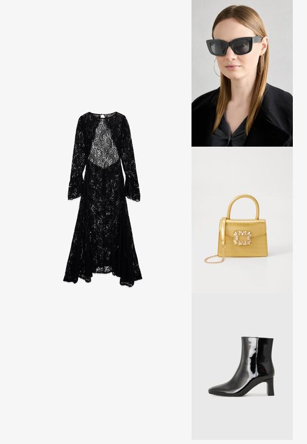 Melnas mežģīņu kleitas ar garām zvana piedurknēm, ar caurspīdīgu korpusu un sarežģītu ziedu rakstu. Plūstoša, grīdas garuma dizains, izstrādāta dekoltē daļa.; Melnas patentētas ādas potīšu zābaki ar norādītu pirkstu un vidēja augstuma kvadrātveida papēdi. Gluda tekstūra un minimālisma dizains.; Melna kaķa acs saulesbrilles ar tumšiem objektīviem, bieziem rāmjiem un smalkiem akcentiem. Valkātas ar melnu mēteļi un pelēku augšu, ar garām taisnām matiem.; Dzeltena mākslīgā krokodila roku soma ar strukturētu dizainu, augšējo rokturi, noņemamu ķēdes siksniņu un dekoratīvām kristāla rotājumiem aizdares daļā.