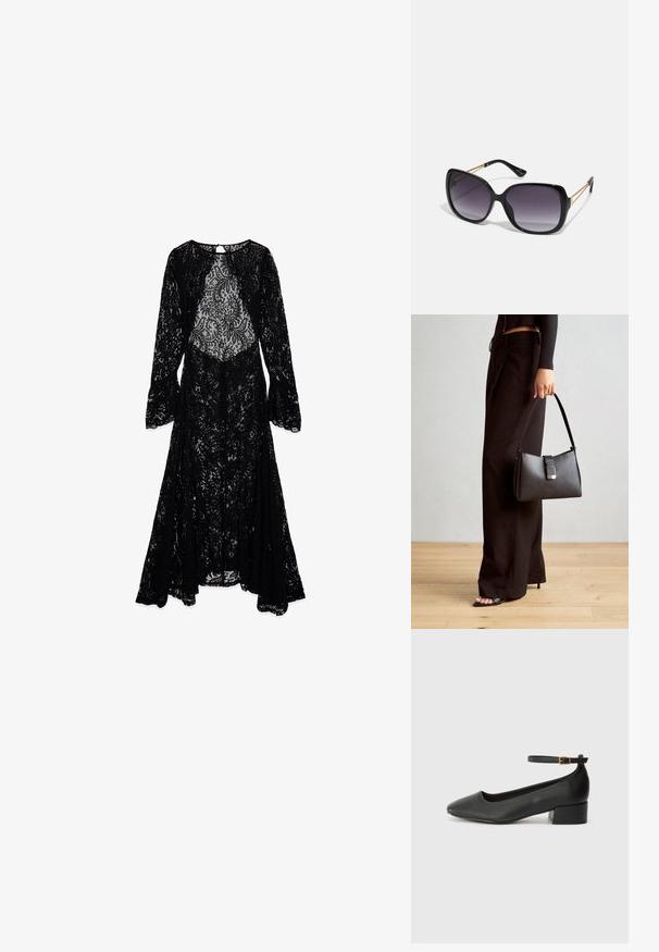 Zwarte kantjurk met lange klokmouwen, met een doorzichtige lijfje en een ingewikkeld bloemmotief. Vloeiende, vloerlange stijl met een gedetailleerde halslijn.; Zwarte leren pump met een spitse neus en een lage blokhak. Beschikt over een enkelband met een goudkleurige gespsluiting. Gladde textuur.; Zwarte oversized zonnebril met gradient glazen, dikke montuur en gouden kettingdetails op de pootjes.; Zwarte handtas met gestructureerde vorm, gladde textuur en een metalen sluiting. Gecombineerd met brede zwarte broeken en sandalen met open teen op een houten vloer.