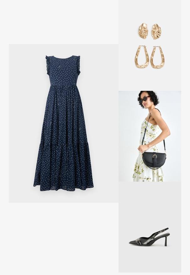 Maksi haljina u mornarsko plavoj boji s bijelim točkicama, s volanima na rukavima, uskim korzetom i slojevitom, lepršavom suknjom. Izrađena od lagane tkanine.; Crna lakirana slingback cipela s izduženim vrhom, remenčićima oko gležnja s srebrnim kopčama i dijelovima, te vitkim potplatom.; Crna kožna torba s lukovitim oblikom, odvojivim remenom i zlatnim detaljima. Torba ima preklop s kopčom.; Naušnice zlatne boje s teksturiranim, valovitim oblicima. Uključuju skulpturalne kopče i dizajn otvorene kružnice s kovanom završnom obradom.