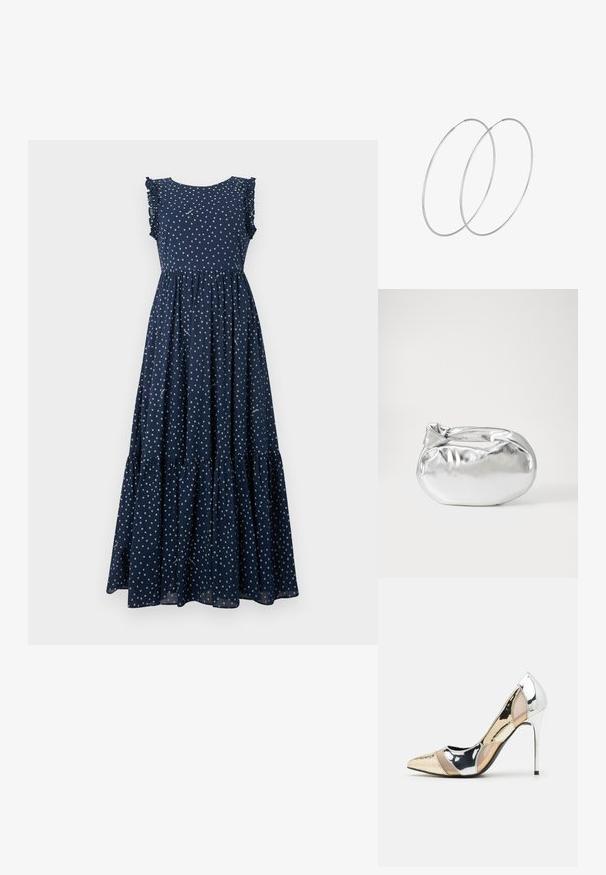 Tamsiai mėlynas maksi suknelė su baltais taškeliais, raukšlėmis ant rankovių, prigludusia krūtine ir sluoksniuota, plačiai krentančia sijona. Pagaminta iš lengvos medžiagos.; Aštrus pirštas aukštakulnis batelis su sidabro, aukso ir nuogų spalvų deriniu. Blizgus paviršius su išpjovos dizainu, su stiletto kulnu.; Sidabrinė metalinė maišelio forma su švelnia, apvalia forma ir mazgu užveriamu viršumi. Pagaminta iš lygios dirbtinės odos medžiagos.; Sidabrinės pusmėnulio auskarai minimalistiniu dizainu. Apskritimo forma, lygus paviršius ir plonas profilis. Lengvi su poliruotu apdailu.