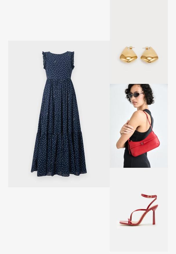 Námornícko modré maxi šaty s bielymi bodkami, volánovými rukávmi, priliehavým živôtikom a tierovanou, prúdiacou sukňou. Vyrobené z ľahkej látky.; ALDO SCINTILLA - Sandále na vysokom opätku - red; Červená kožená taška cez rameno s hladkým povrchom, zakriveným dizajnom a dekoračnou sponou. Nastaviteľný popruh a zips.; Náušnice z kovu v zlatej farbe s hladkým, zaobleným trojuholníkovým tvarom a dizajnom na zapichovanie; reflexný povrch s minimálnymi detailmi.